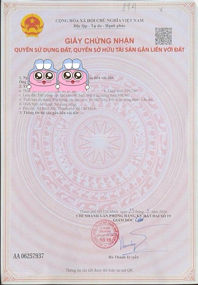 Bán đất full thổ cư 2 mặt tiền 1 sẹc đường hà duy phiên, bình mỹ  củ chi