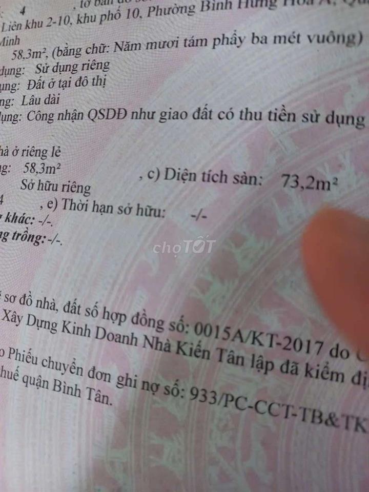 Bán nhà MT Lk 2-10 Bình Tân. Đang có dòng tiền cho thu.Sổ hồng 2019.
