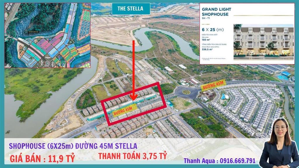 Shophouse 4 tầng 6x25m đường 45m stella chỉ 13 tỷ  0916 669 ***