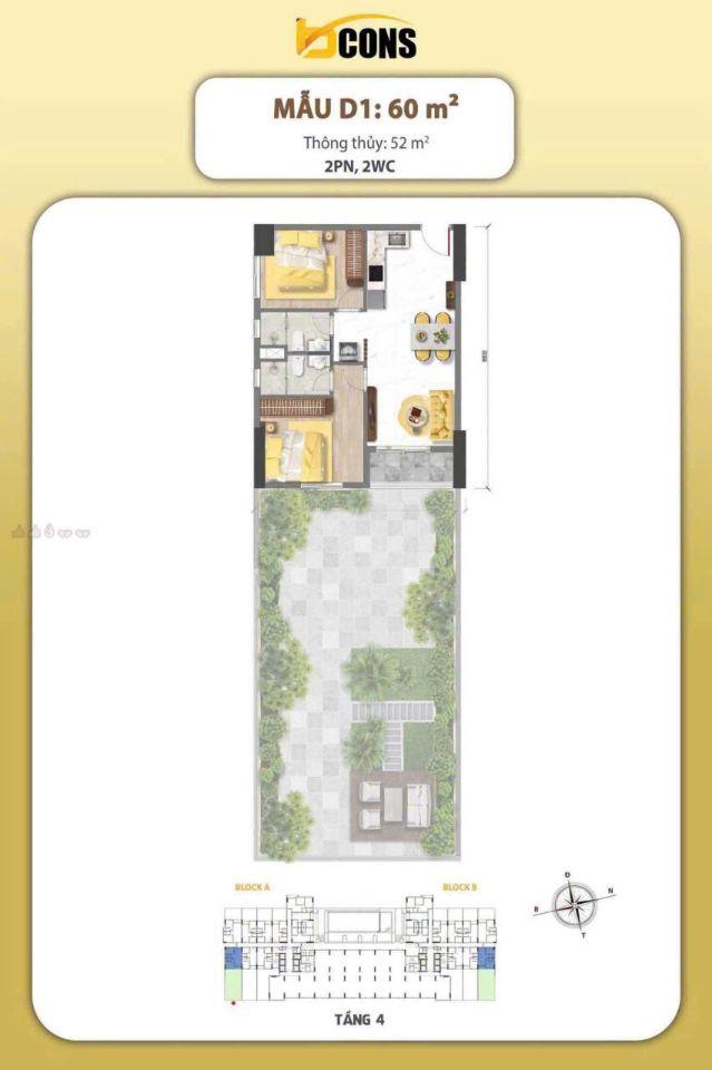 Căn Hộ Bcons Aria Ngay Làng Đại Học Quốc Gia. DT: 52m2 ( 2PN+ 2WC)
