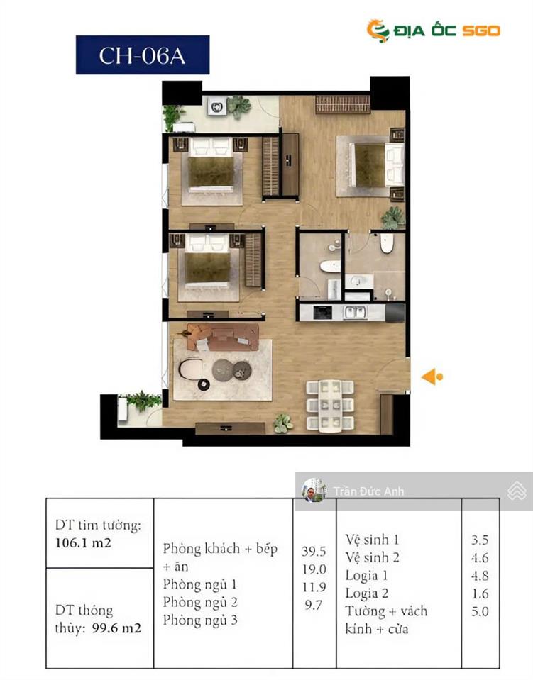 Bluegem tower  6,653 tỷ căn 3 ngủ 99,6m2 siêu rộng