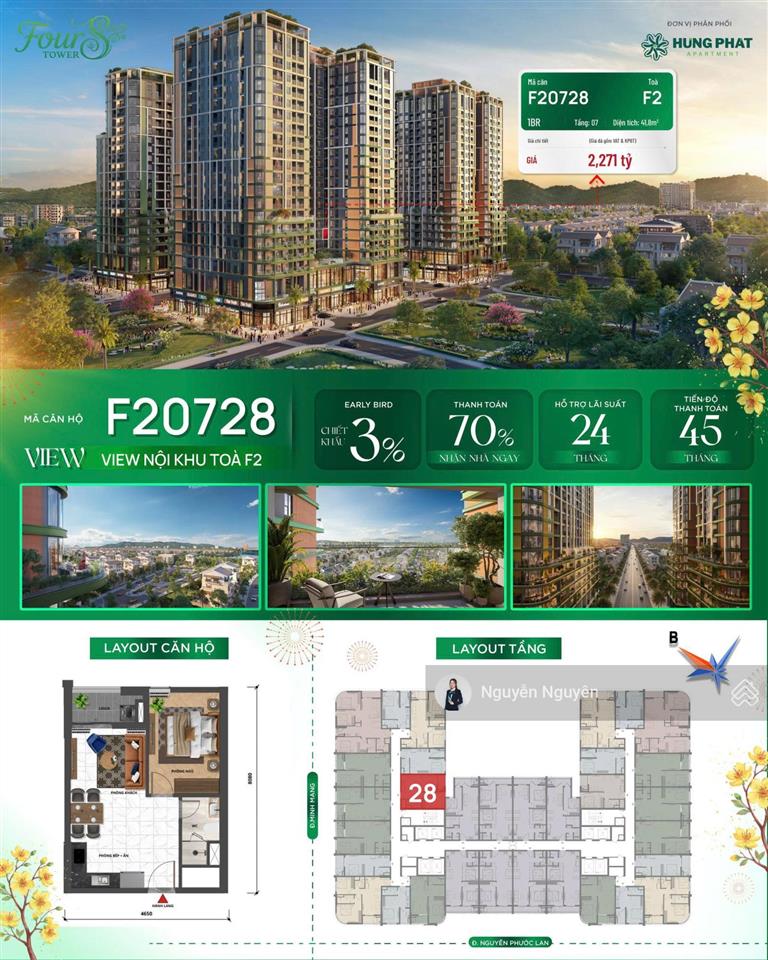 Fours tower f2  căn hộ 1pn 41,8 m2 giá từ 1,88 tỷ