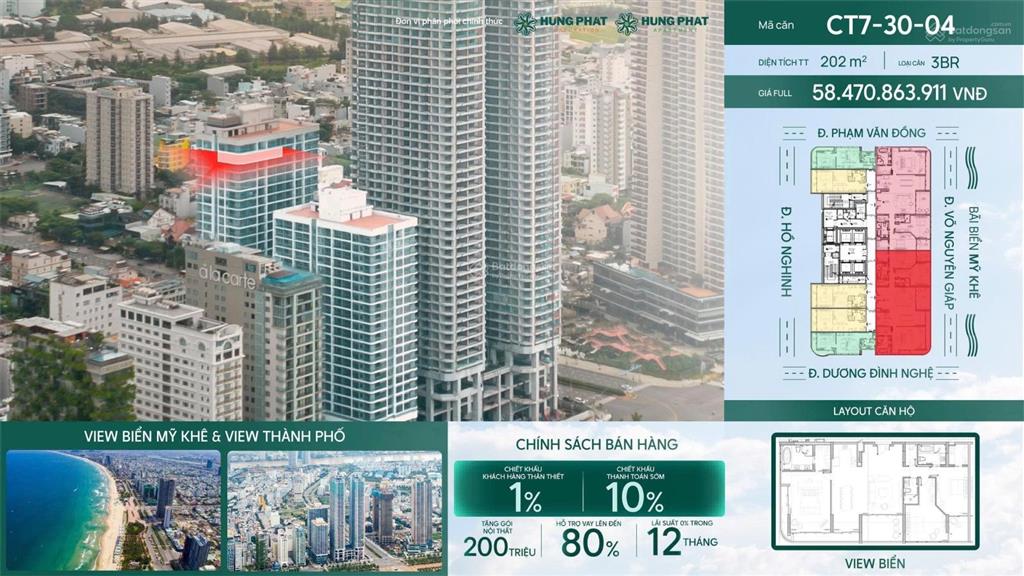 Bán penthouse times square đà nẵng 202m², 3pn, tầng 30, view trực diện biển mỹ khê, giá 58,47 tỷ.