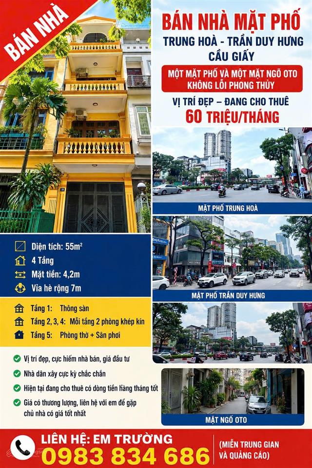 Bán nhà mặt phố trung hòa, trần duy hưng, cầu giấy, dt 55m2, mt 4,2m, 5 tầng,mặt phố và mặt ngõ oto