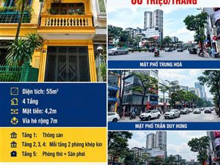 Bán nhà mặt phố trung hòa, trần duy hưng, cầu giấy, dt 55m2, mt 4,2m, 5 tầng,mặt phố và mặt ngõ oto