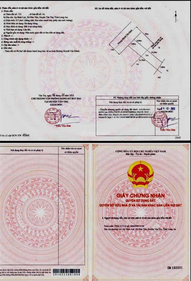 Bán đất tại huỳnh văn đảnh, 1,61 tỷ, 217m2, mặt tiền 7m, giá cực chất uy tín