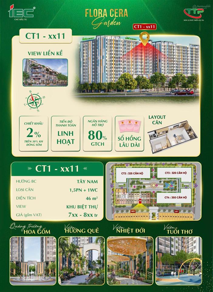 Bán ch flora cera garden, 800 triệu, 46 m2, view đẹp, giá siêu hời tại xã bá hiến, huyện bình xuyên