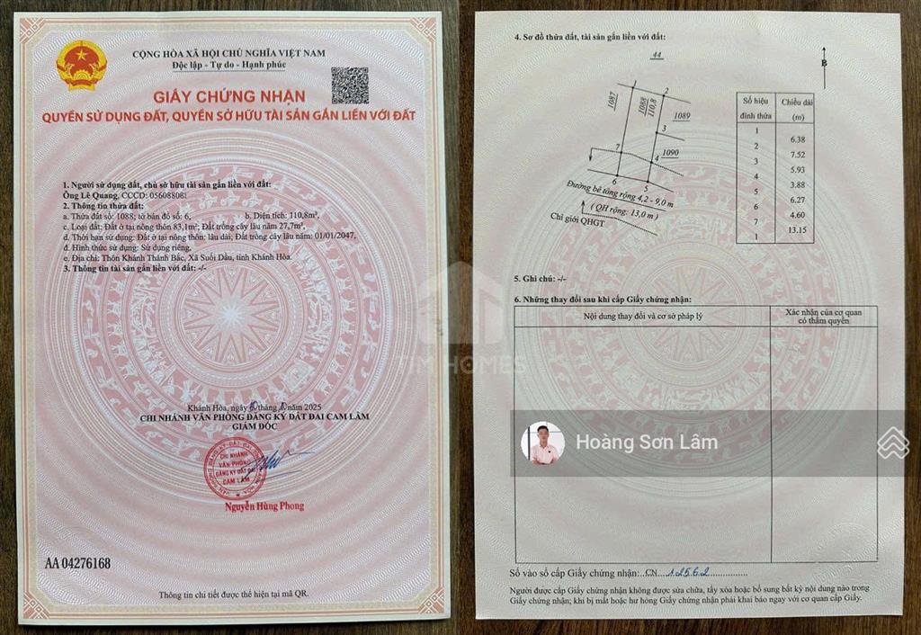 Đất thổ cư xây dựng tự do  mặt đường 13m, pháp lý chuẩn  xuống tiền tích sản cam lâm an toàn