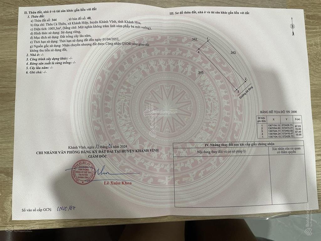 1.000m2 khánh hiệp  15m mặt tiền bám đường bê tông  có sổ đỏ