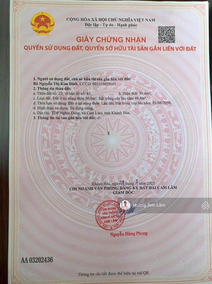 Bán đất tại thị trấn cam đức, 2,6 tỷ, 99,4 m2, pháp lý đầy đủ, mặt tiền 5m