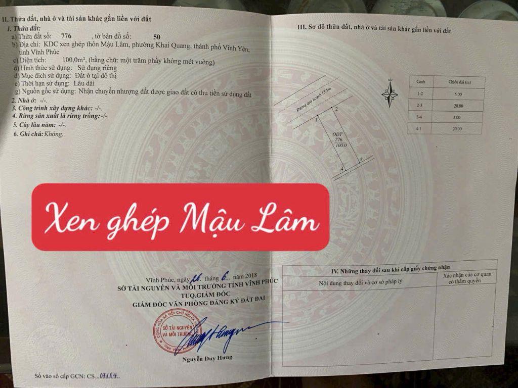 BÁN GẤP LÔ ĐẤT ĐẸP TẠI KHU XEN GHÉP MẬU LÂM-KHAI QUANG DT100m MT5m sẵn sổ giá chỉ 2,6 tỷ 0988296228