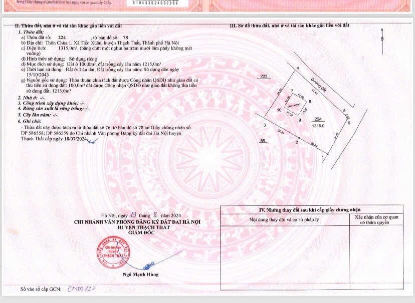 Chính chủ gửi bán lô góc 1300m tại xóm chùa  tiến xuân !