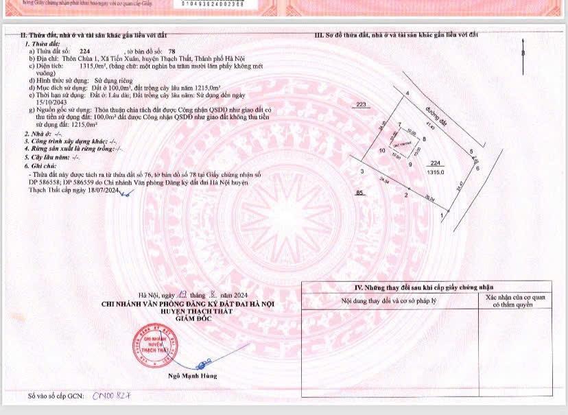 Chính chủ gửi bán lô góc 1300m tại xóm chùa  tiến xuân !