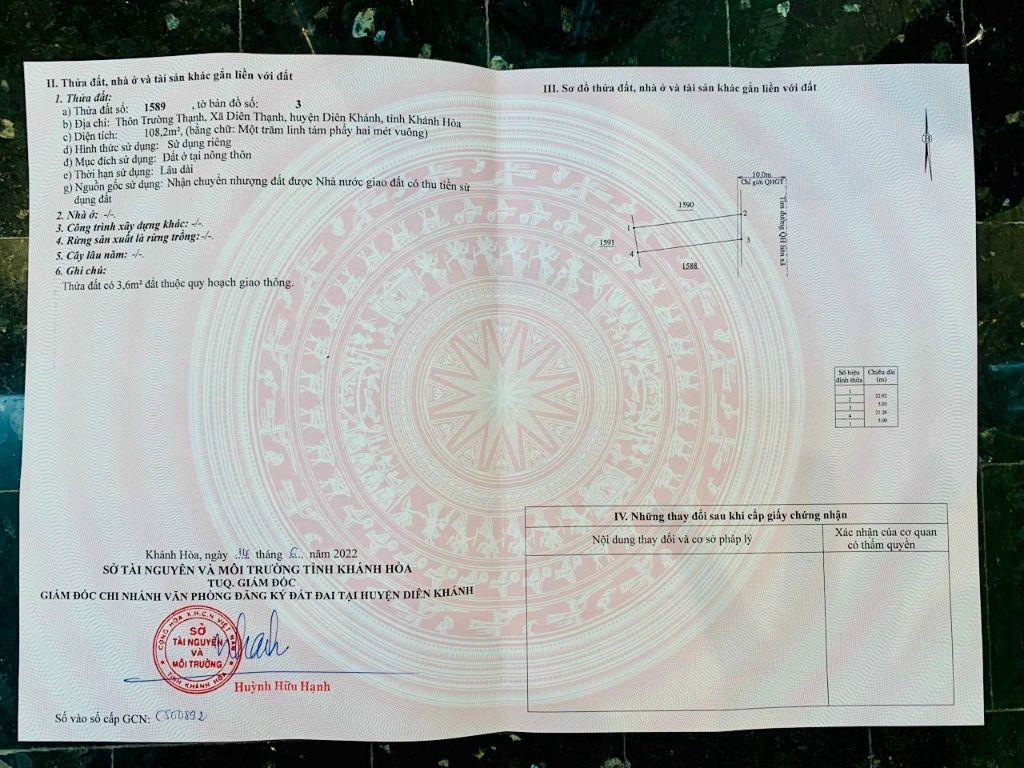 Bán đất thổ cư 108m2 mặt tiền đường Liên xã, Diên Thạnh, Diên Khánh, Khánh Hòa