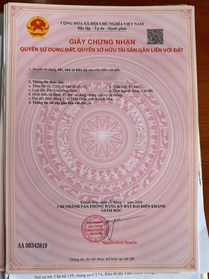 Bán đất thổ cư đồng giữa, diên điền, sát bên bệnh viện đa khoa diên khánh, khánh hòa