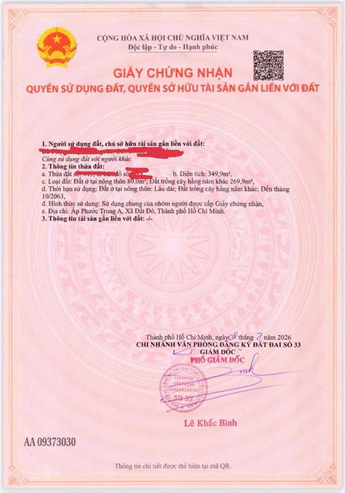 Đất thổ cư sổ sẵn  đường nhựa nguyễn huệ cạnh khu nhà vườn gần ql55 xã đất đỏ, tp hcm ngang 10x35m