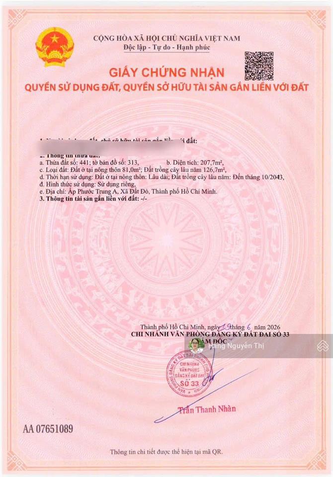 Bán đất thổ cư  cạnh khu nhà vườn nguyễn huệ, xã đất đỏ, gần ql55  giá chỉ 1,26 tỷ tl