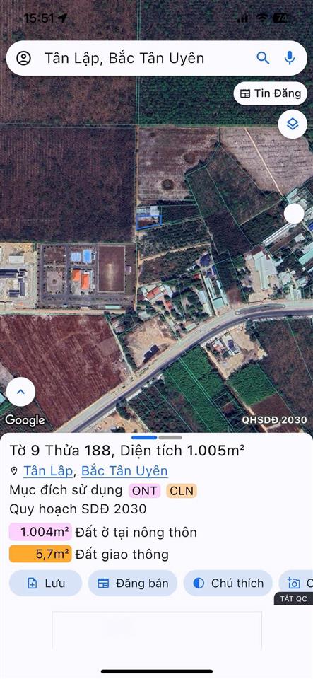 Bán đất 1 xẹt đường 746b, tân lập, bắc tân uyên, 1005m2 (300tc) chỉ 4,3 tỷ, thích hợp làm kho xưởng