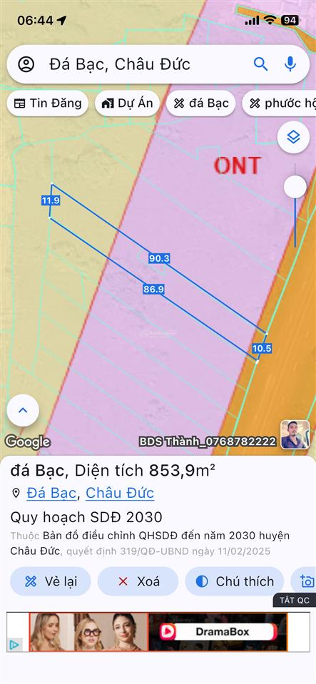 Bán đất mặt tiền kinh duanh buôn bán mở kho xưởng đường tỉnh lộ 765  xã đá bạc huyện châu đức