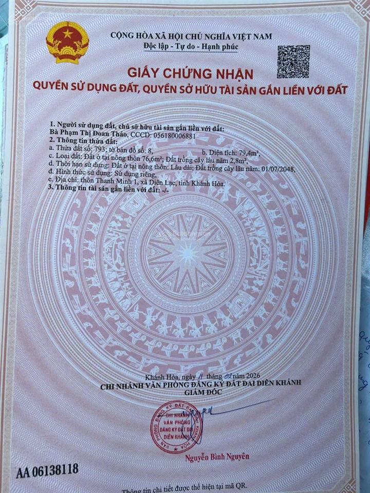 Bán lô đất trung tâm diên lạc  diên khánh, khánh hoà full thổ cư