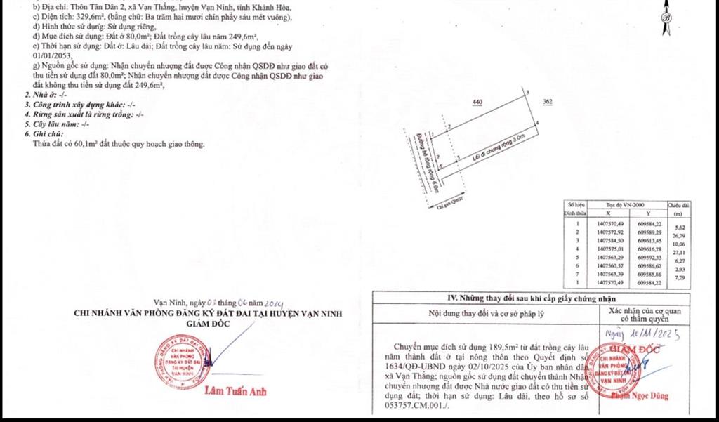 Hàng hiếm thôn tân dân 2 xã vạn thắng tỉnh khánh hoà, 329,6m2 full thổ cư giá 15 triệu/m2