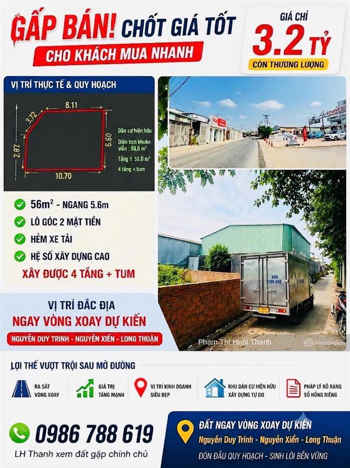 3,2 tỷ/ 56m2  gấp bán  lô góc hẻm xe tải nguyễn duy trinh sát mặt tiền