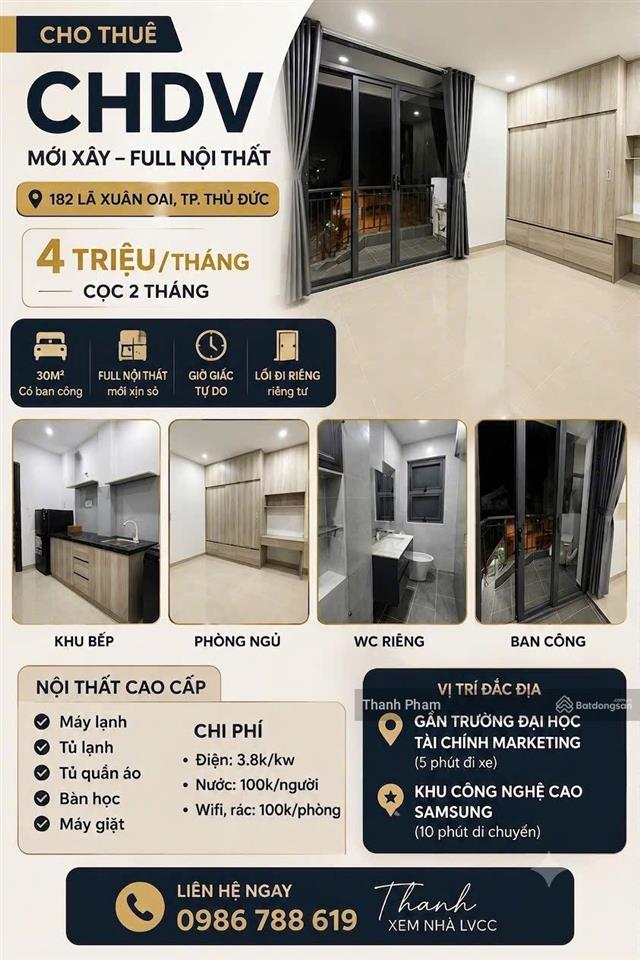 (4tr) chủ gửi cho thuê chdv mới xây full nội thất ngay 182 lã xuân oai