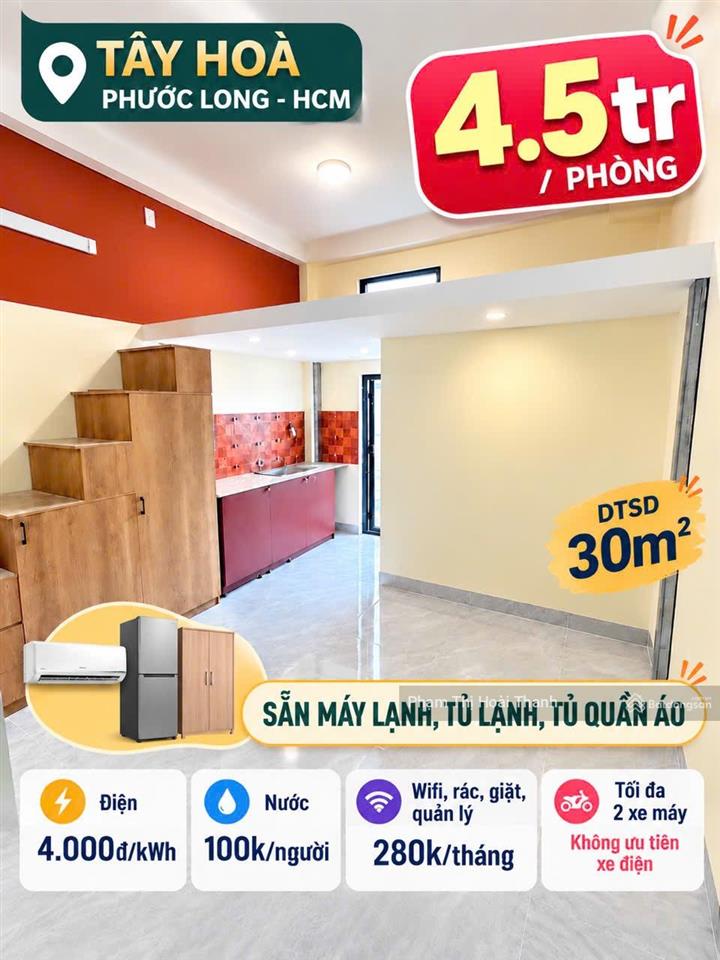 Chủ gửi (4.5tr) cho thuê chdv full nội thất  dtsd 30m2  ngay tây hòa  phước long a