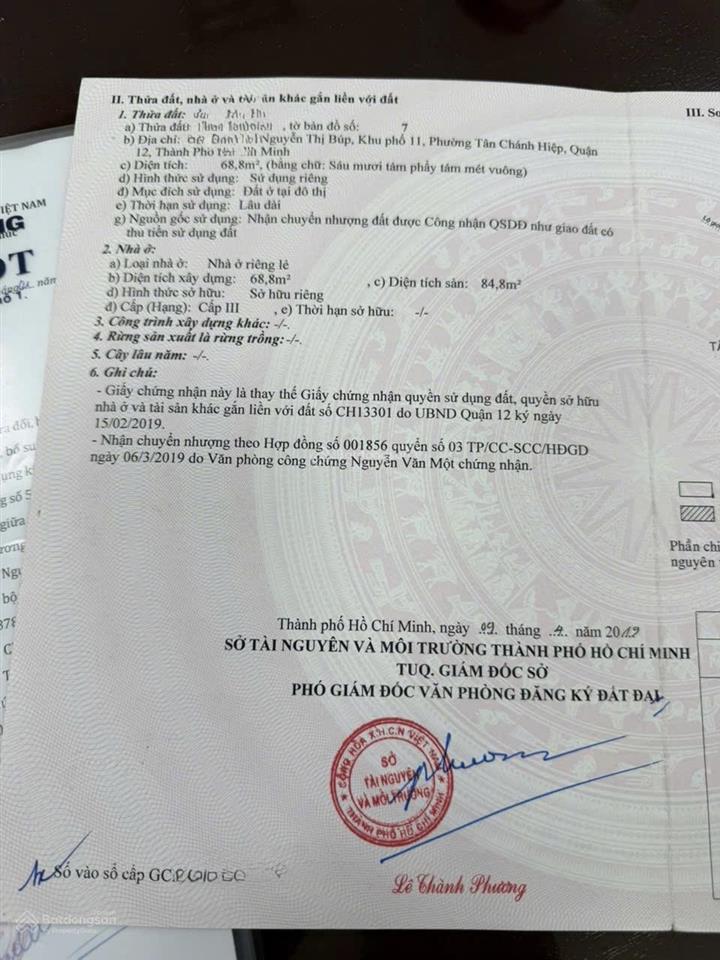 Bán nhà mặt tiền đường nguyễn thị búp dt 4x26m hướng đông bắc giá 8 tỷ  0919 147 ***