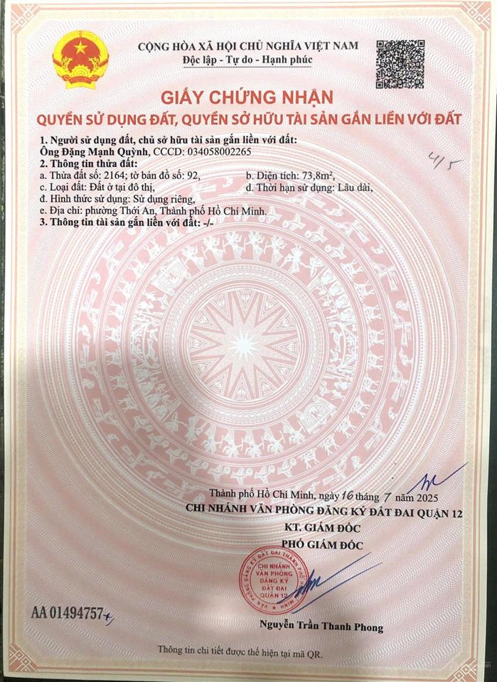 Cần bán đất 2 mặt tiền, vị trí đẹp diện tích 73m2 tại thạnh xuân, quận 12, hồ chí minh