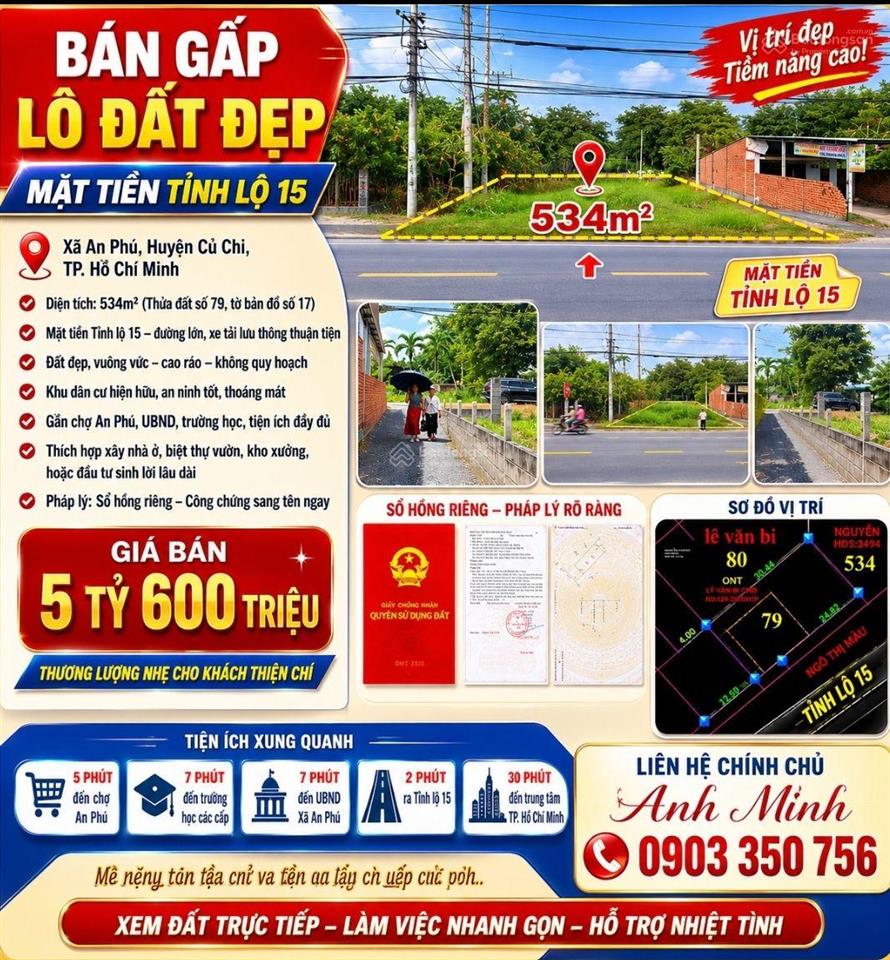 Bán gấp lô đất đẹp mặt tiền đường tỉnh lộ 15 vị trí xã an nhơn tây , huyện củ chi, tp. hcm