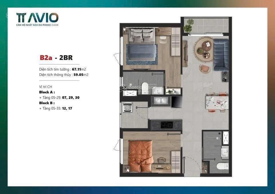 Chính chủ cần bán căn 2pn 2wc view đông nam. diện tích 67.11m2. giá cực rẻ chỉ 2.59 tỷ căn hộ avio