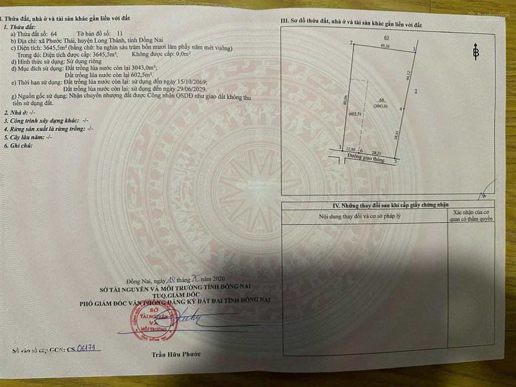 Bán đất kế bên sân bay long thành tại xã phước thái, huyện long thành, giá tốt, 3646 m2, 18,5 tỷ