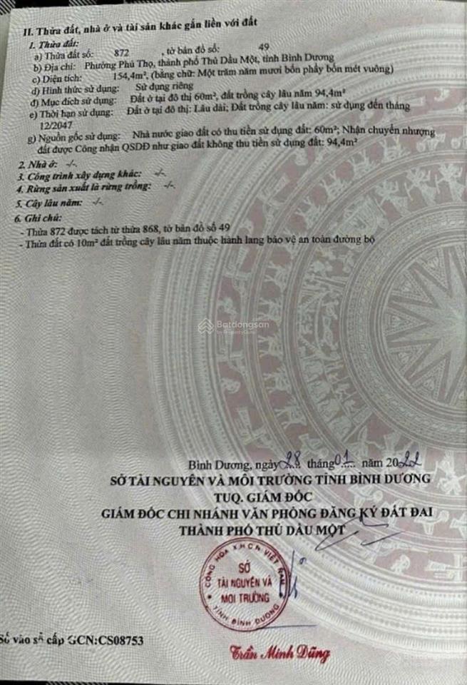 Bán đất tại phường phú thọ tp. thủ dầu một bình dương