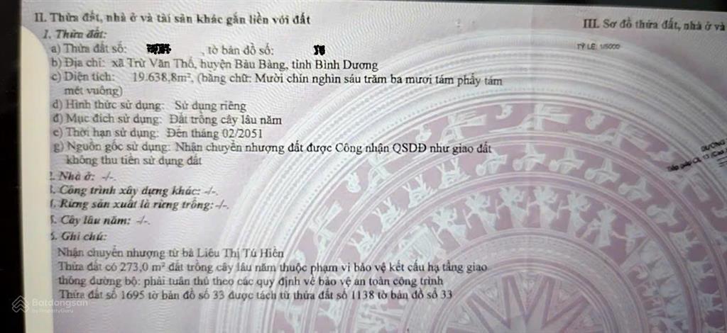 Bán đất mặt tiền trừ văn thố, bàu bàng 19.638,8m², giá 13,5 tỷ