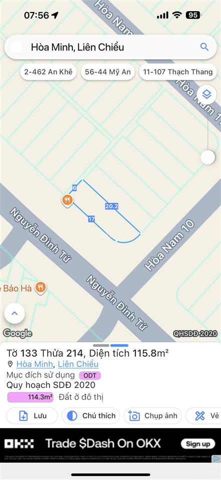 Lô góc 2 mặt tiền đường 10m5 nguyễn đình tứ và hoà an 10 . diện tích 116m2 ngang 6m . zá 7,6t