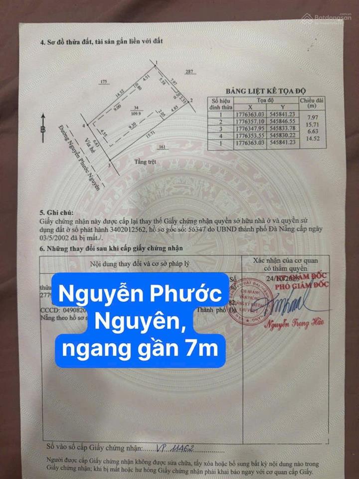 Đất đường 7m5 nguyễn phước nguyên . thanh khê . dt 110m2 ngang gần 7m . zá 7 tỏi