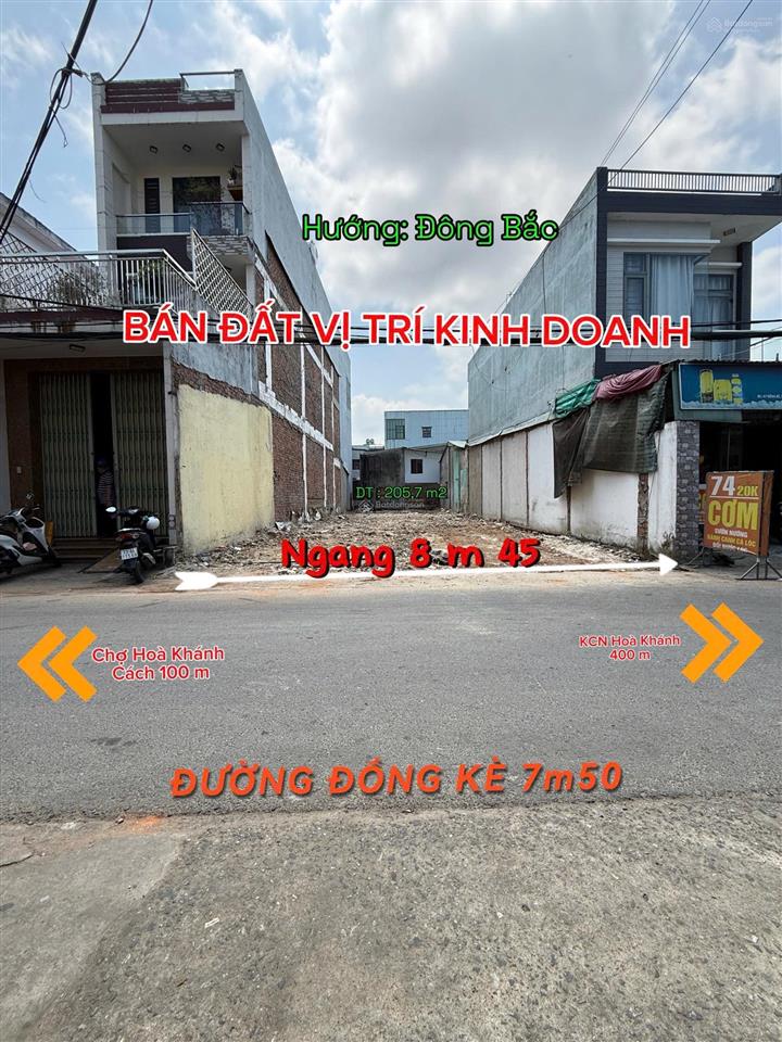 Đất mặt tiền kinh doanh đường đồng kè , ngay chợ hoà khánh . dt 206m2 ngang 8m5 . hướng đông bắc
