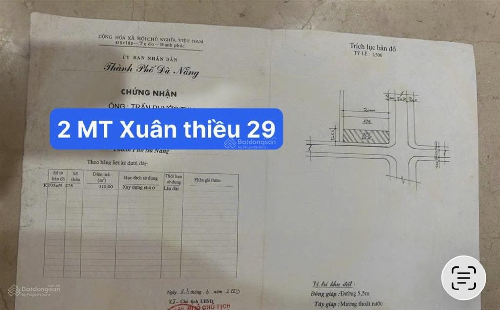 Lô góc 2 mt đường xuân thiều 29, song song nguyễn tất thành  diện tích 110m2, ngang 5m5