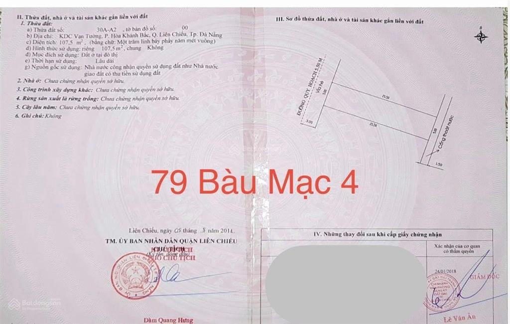Đất mặt tiền đường 5m5 bàu mạc 4 , xây nhà số 79.
dt 107,5m ngang 5m. hướng tây bắc. sạch đẹp,
