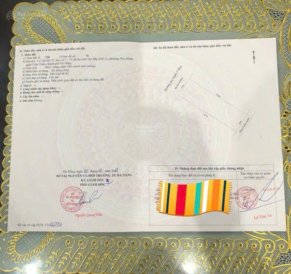 Đất đường 7m5 hoà phú 9 . hoà minh  diện tích 90m2 ngang 5m . hướng tây bắc  zá 6.190