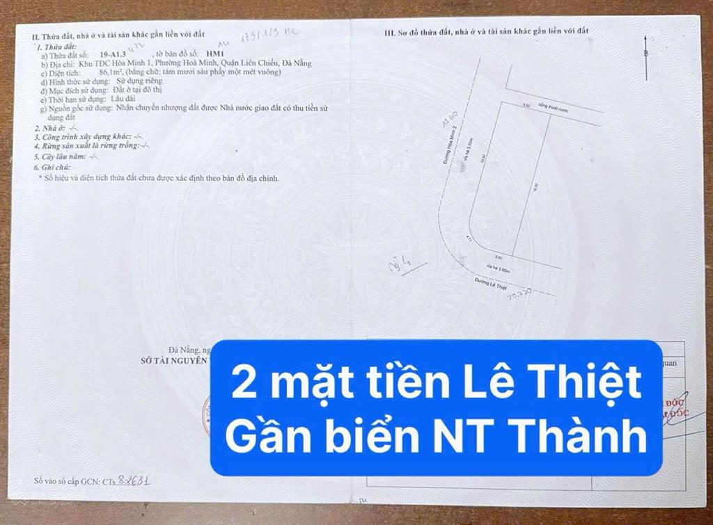 Đất 2 mặt tiền lê thiệt & hoà minh 2  dt 86m2 (ngang 5,5m)  gả nhanh 7.690 tỷ