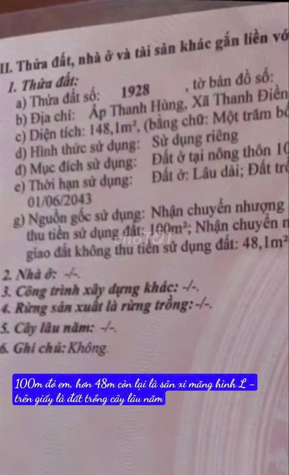 Nhà CHÍNH CHỦ 2PN, 1WC (đất 148 m2 với thổ cư 100m2) GÍA ***