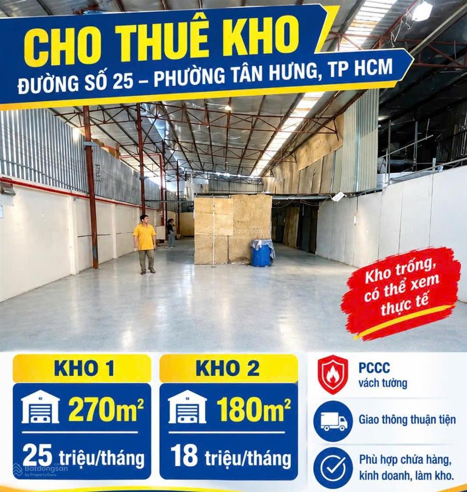 Cho thuê kho đường số 25, phường tân hưng  180m  18 triệu/tháng  kho trống, pccc vách tường