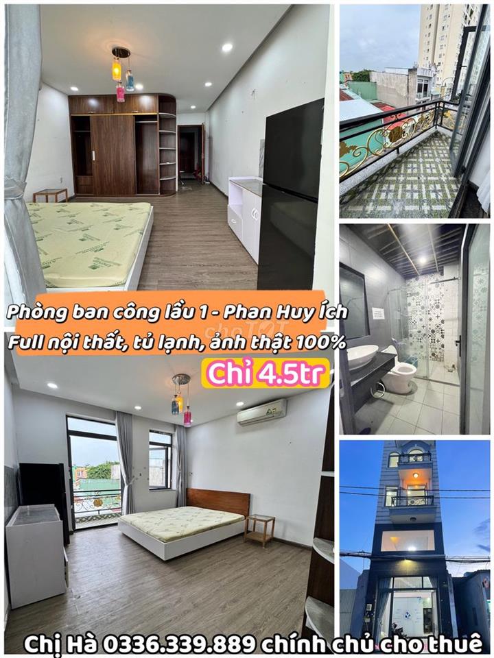 Phòng ban công Phan Huy Ích 40m2 full nt, tủ lạnh, tủ áo to, điện 3.5k