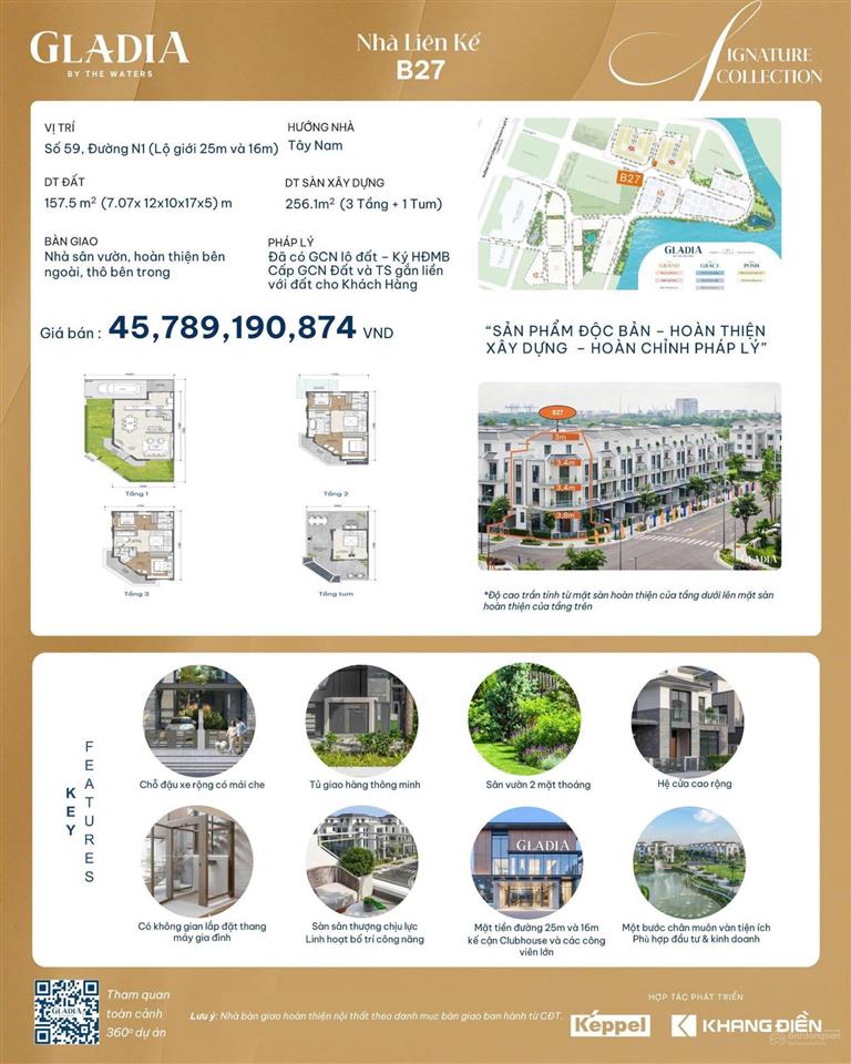 Gladia biệt thự song lập góc 2 mặt tiền thoáng 25m & 16m. tiện để ở & kinh doanh. đã có sổ hồng