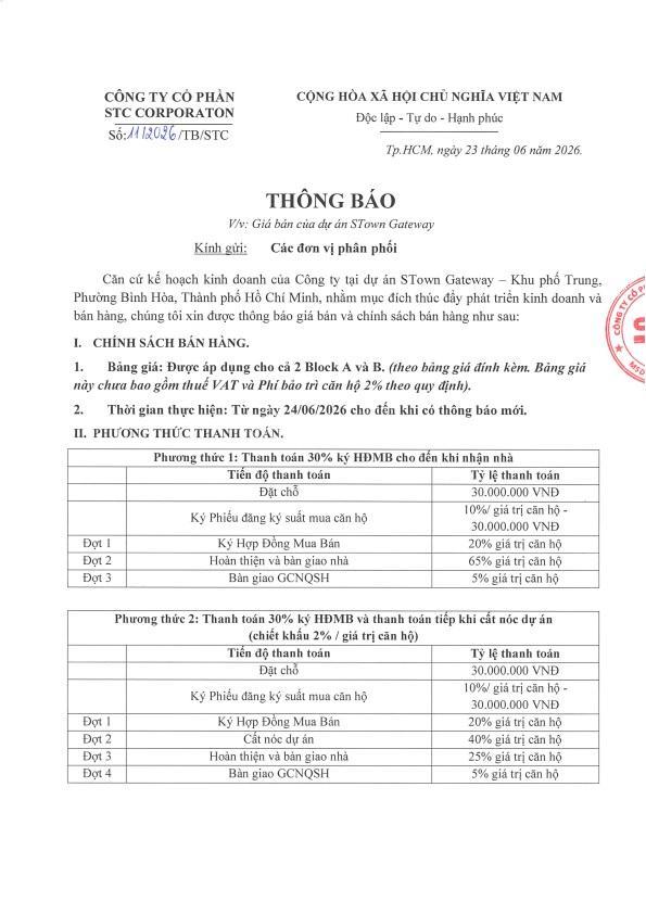 Giảm giá hơn 300 triệu kèm 3 chỉ vàng căn hộ 2 phòng ngủ, 2 wc dự án stown gateway.
