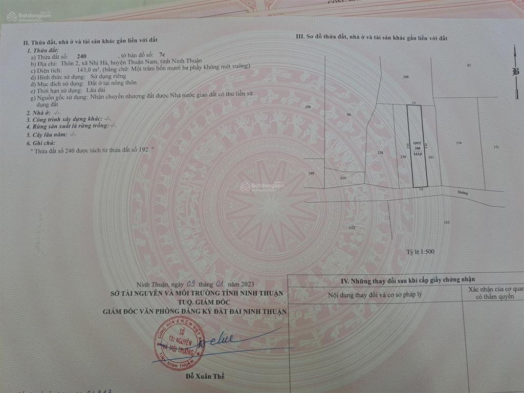 Chính chủ cần bán đất thổ cư 143m2 tại thôn 2, xã nhị hà, thuận nam, ninh thuận, chỉ 3.2tr/m2