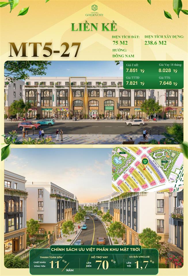 Bán liền kề mt527 vinhomes golden city, 75m2, hướng đông nam, giá 7,648 tỷ (áp vc chỉ 6,6 tỉ)