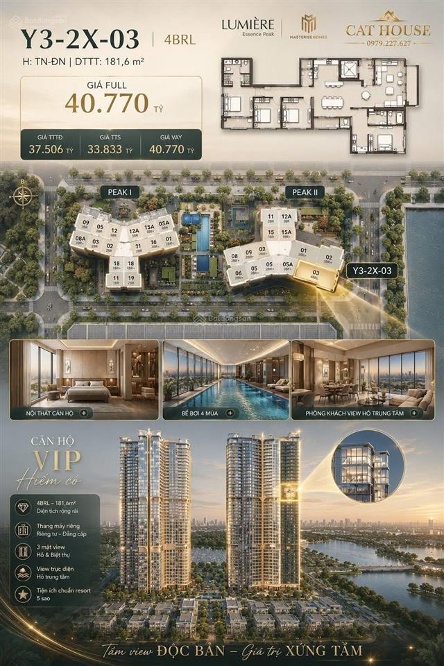 Masteri lumière essence peak 4pn vvip thang máy riêng tầng trung 183m2 view hồ đẹp nhất 0979 227 ***